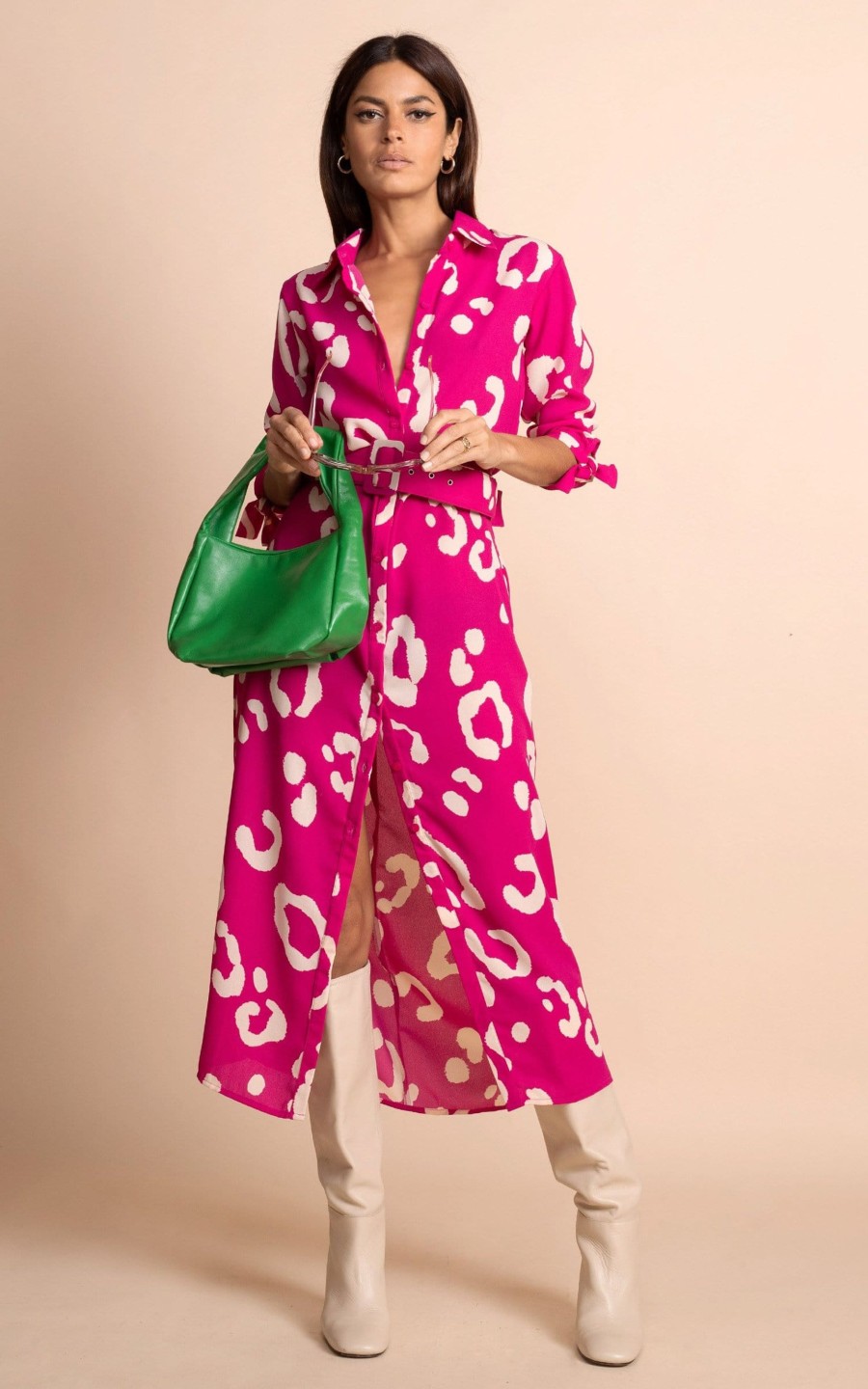 Dancing Leopard Alva Midi Shirt Dress In Oversized Leopard Cream On Magenta