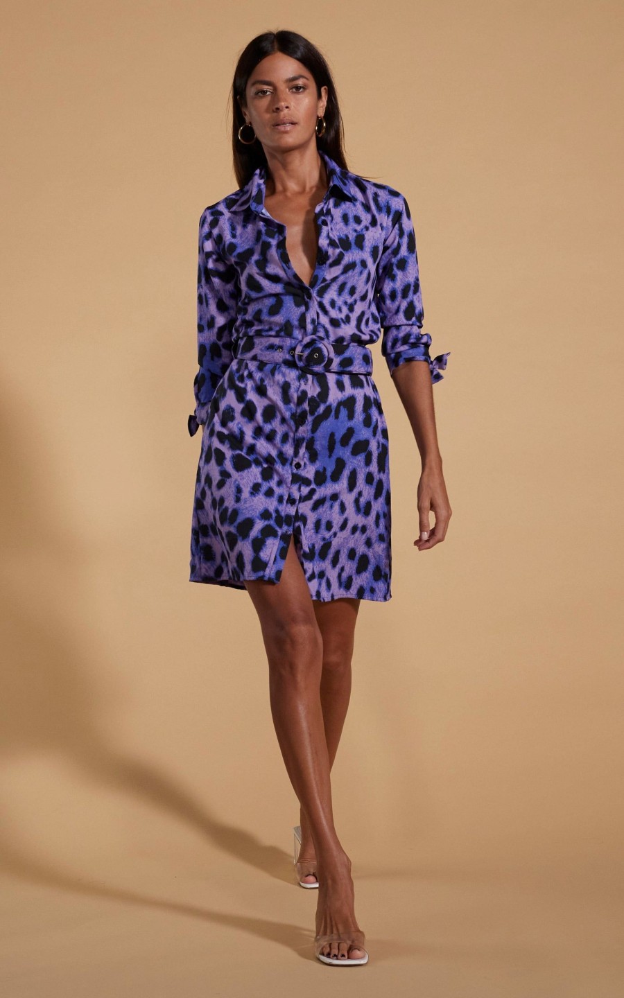 Dancing Leopard Jonah Mini Shirt Dress In Lilac Leopard