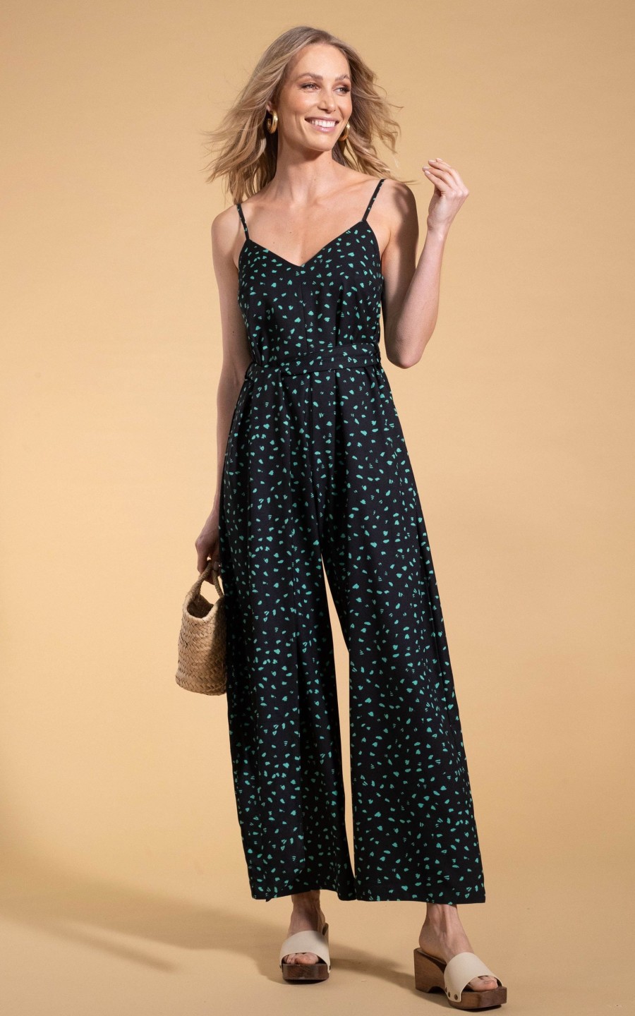 Dancing Leopard Gabriella Jumpsuit In Abstract Green On Black