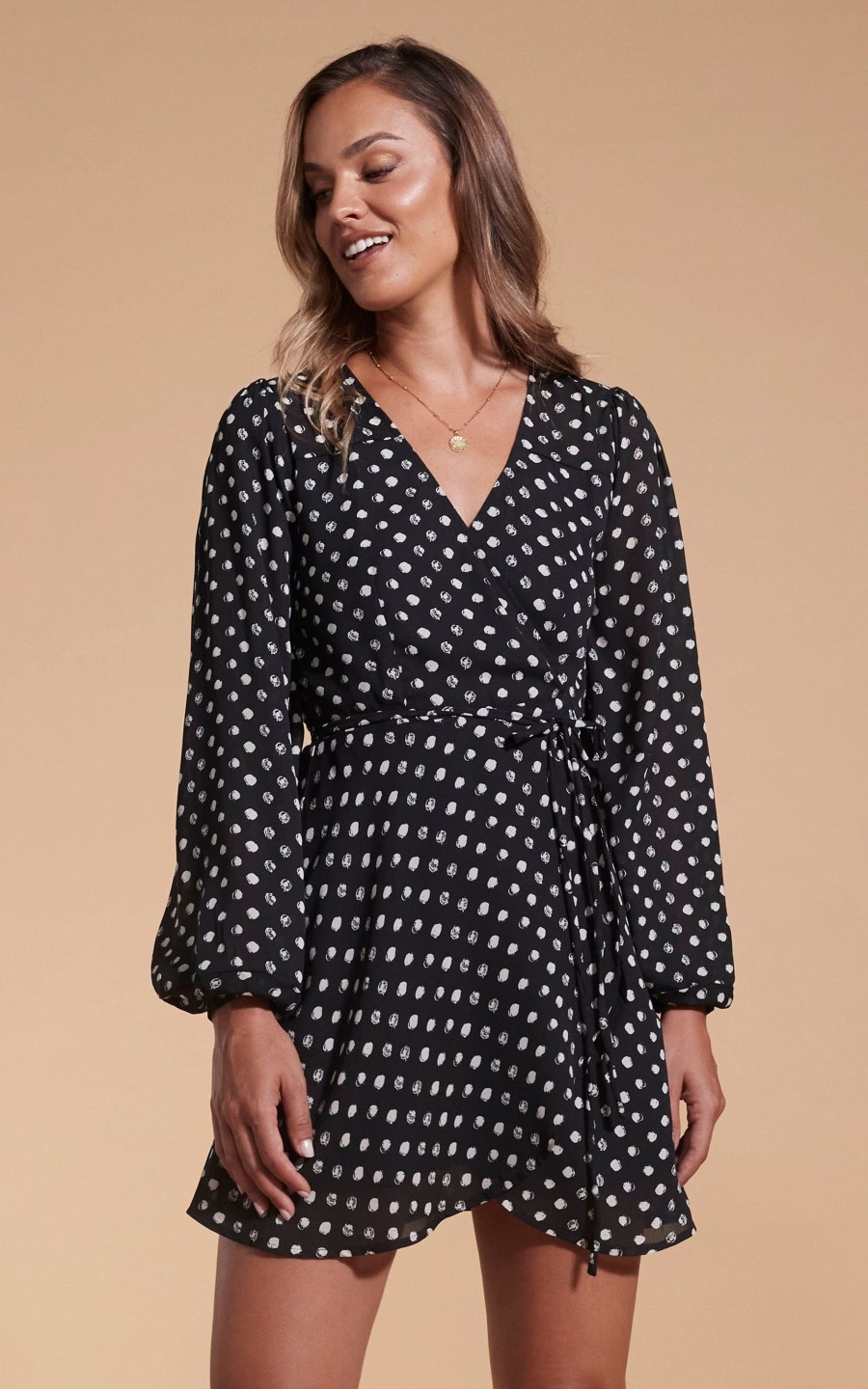 Dancing Leopard Ginger Mini Wrap Dress In Black Polka Dot
