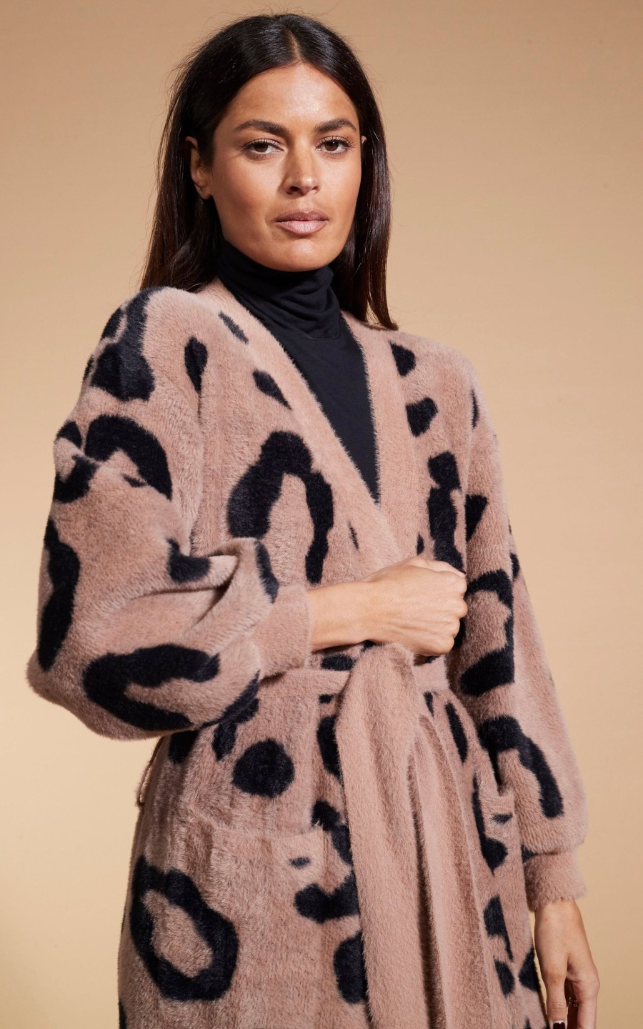 Dancing Leopard Coco Wrap Cardigan In Black On Mocha Leopard