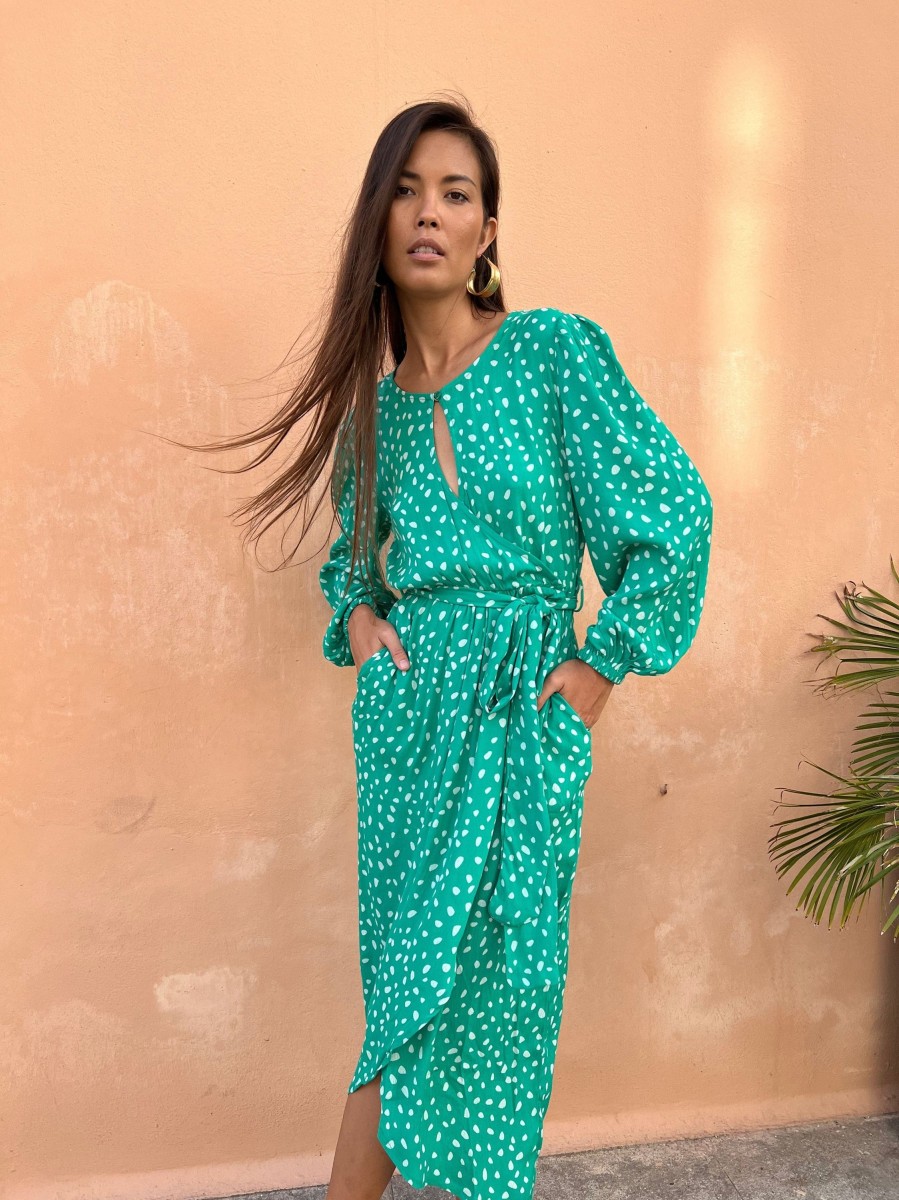 Dancing Leopard Mabel Midaxi Mock Wrap Dress In Odd Dot White On Sea Green