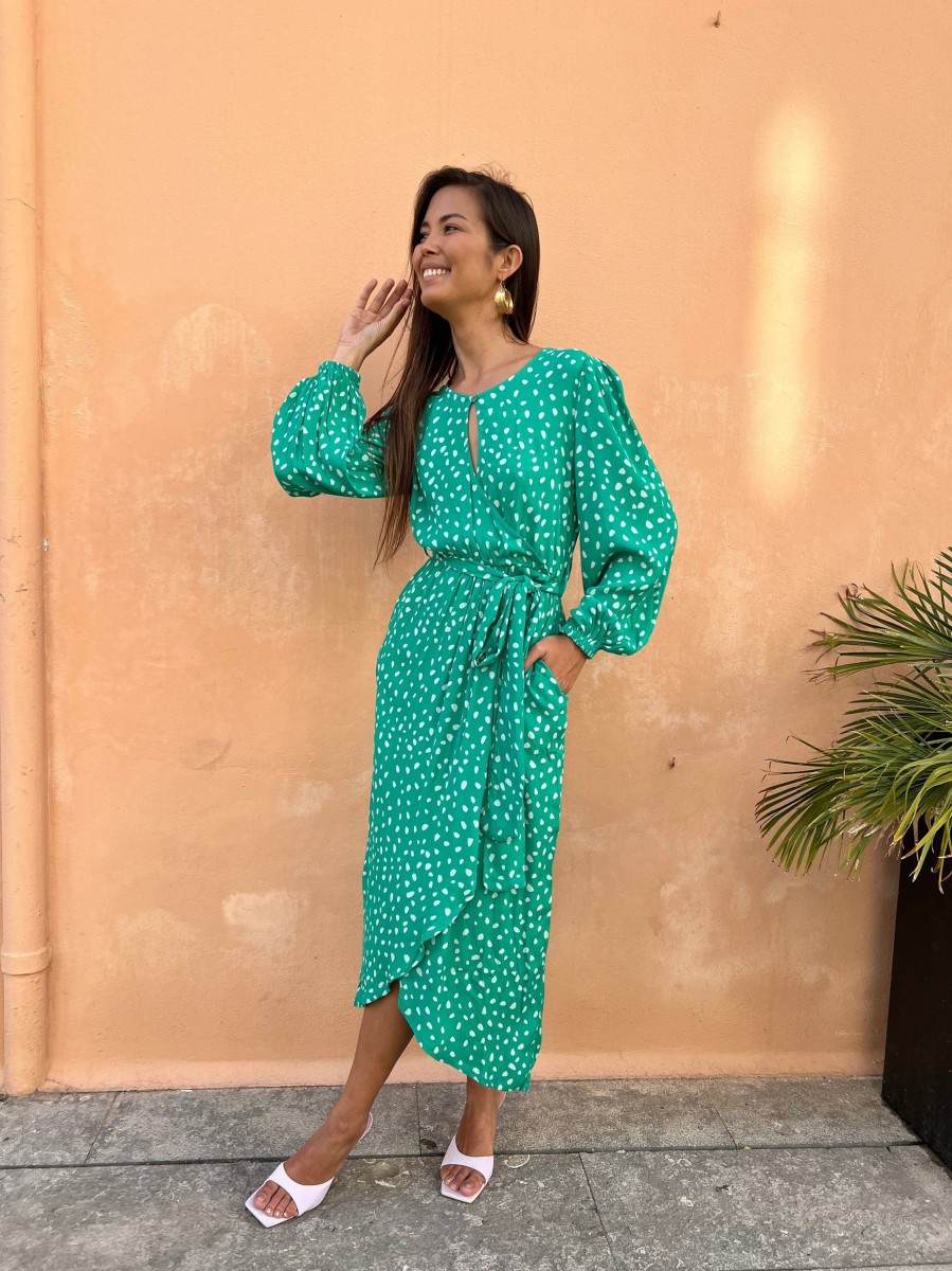 Dancing Leopard Mabel Midaxi Mock Wrap Dress In Odd Dot White On Sea Green