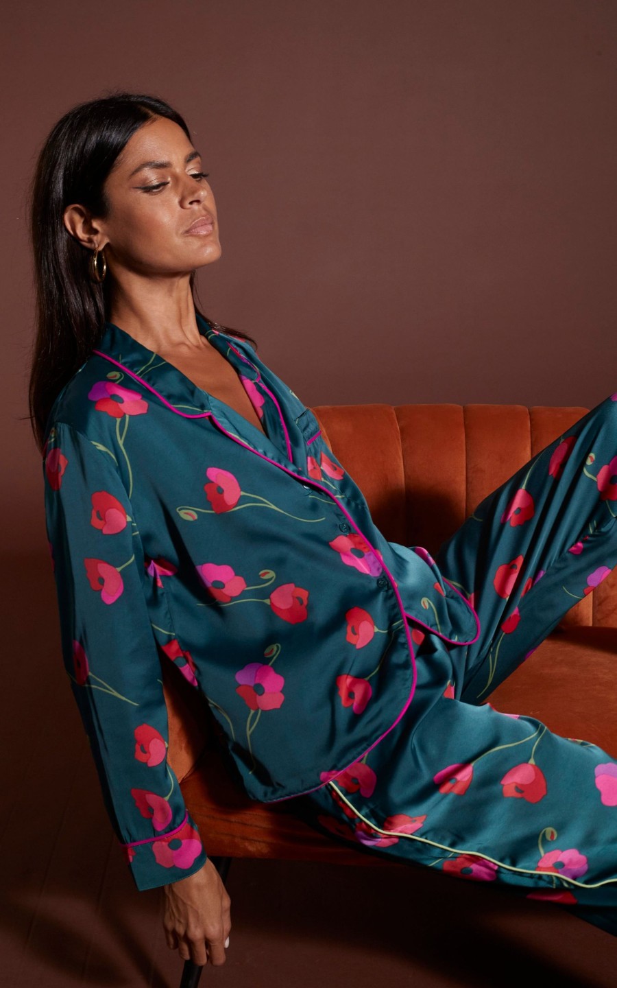 Dancing Leopard Cosmos Satin Long Leg Pj Set In Poppies On Dark Green