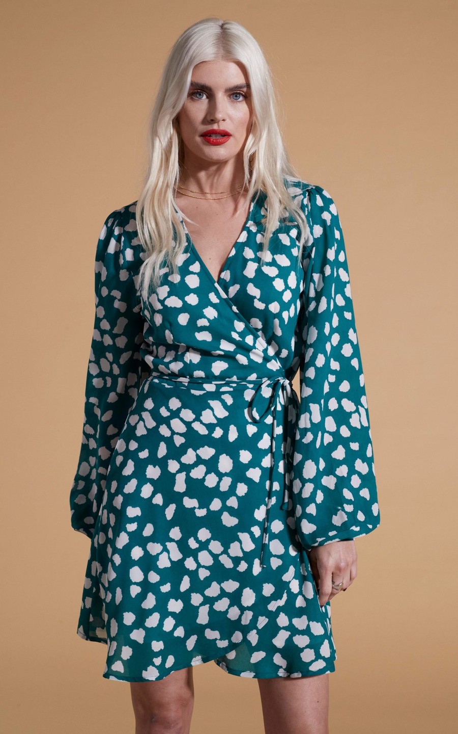 Dancing Leopard Ginger Mini Wrap Dress In White On Green Cloud