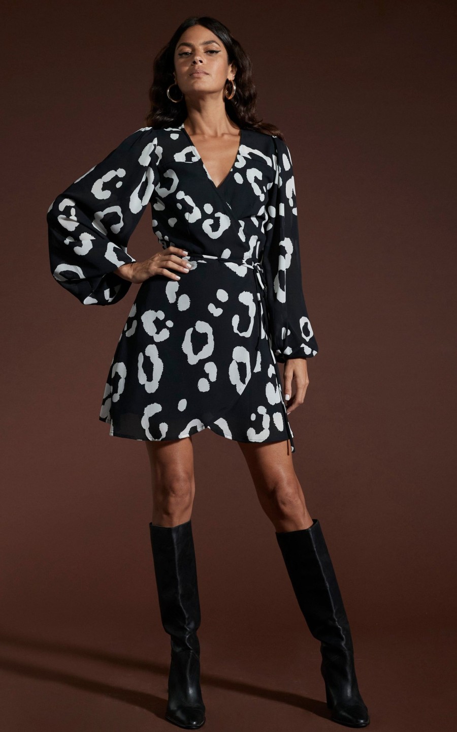 Dancing Leopard Ginger Mini Wrap Dress In Oversized Mono Leopard