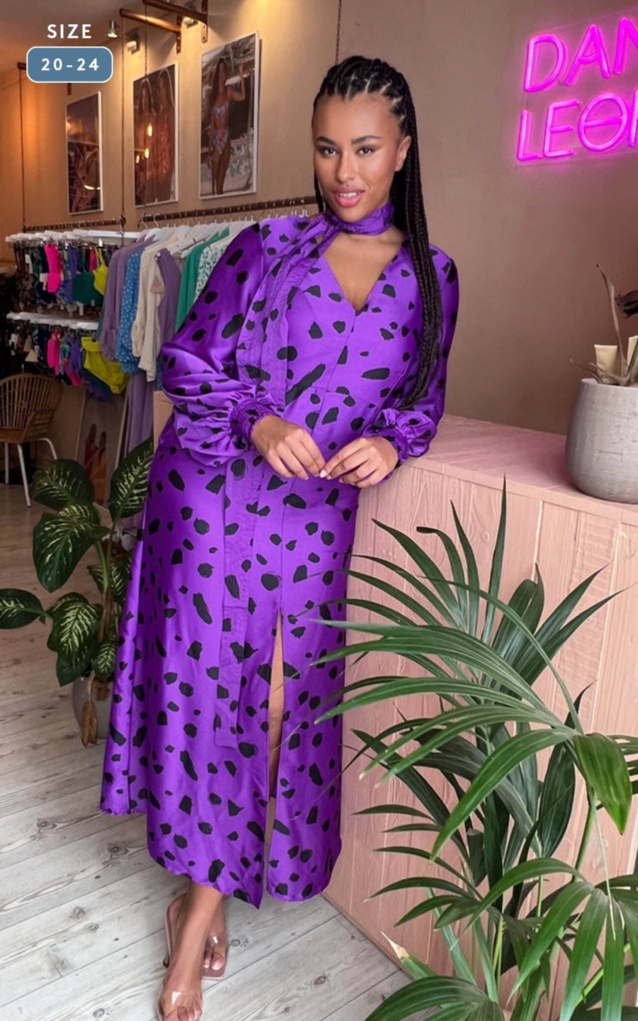 Dancing Leopard Remy Dress In Abstract Dot Black On Purple- Extended Sizing