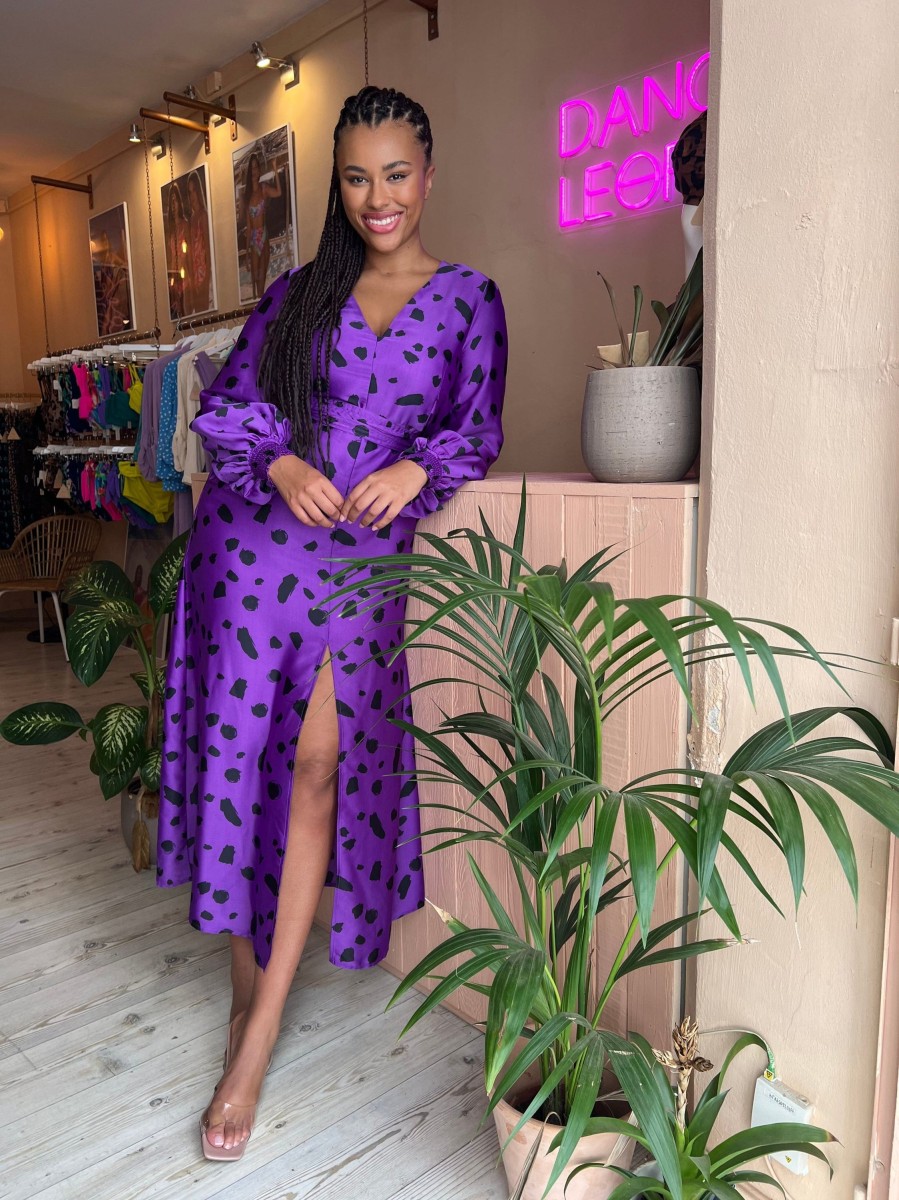 Dancing Leopard Remy Dress In Abstract Dot Black On Purple- Extended Sizing